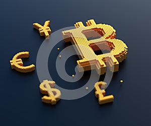 Golden bitcoin, euro, pound, yen symbol with box connection, exchange, cryptocurrency trading and mining concept. 3d render