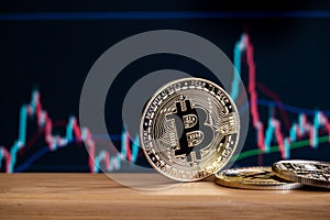 Golden bitcoin in focus on dark price chart