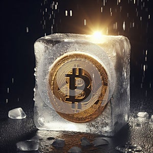 Golden Bitcoin frozen inside ice block on dark black background. ai generative