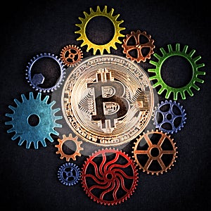 Golden bitcoin glowing among colorful cog wheels closeup, square format.