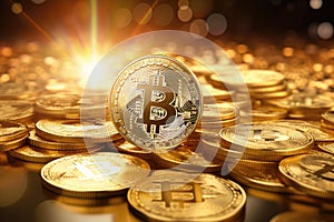 Golden bitcoin on a gold background with bokeh. 3d rendering, Bitcoins money Virtual currency with golden background, AI Generated