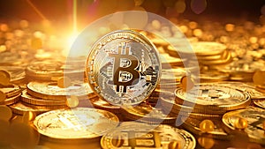 Golden bitcoin on a gold background with bokeh. 3d rendering, Bitcoins money Virtual currency with golden background, AI Generated