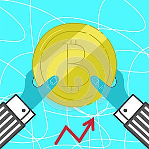 Golden bitcoin in the hand. vector illustration