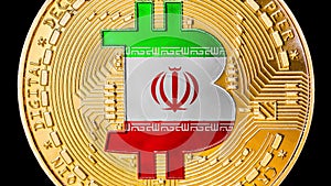 Golden bitcoin with Iranian flag. Concept of tensions between USA and Iranian government, using bitcoin cryptocurency