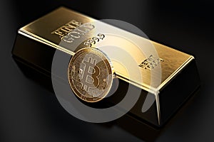 Golden Bitcoin lean against gold ingot bullion bar. Bitcoin fails to be more desirable than gold