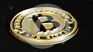 Golden Bitcoin. Lens distortion and chromatic effect. 3D macro r