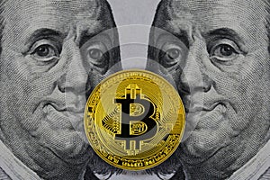Golden bitcoin lie between two smiling president Franklin Roosevelt photo