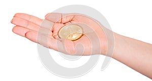 Golden Bitcoin in a man hand. Digitall symbol of a new virtual c