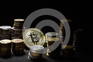 Golden bitcoin with money coins background. Bitcoin on black background photo