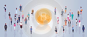 Golden Bitcoin Over People Crowd Modern Web Money Digital Crypto Currency Concept