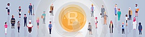 Golden Bitcoin Over People Crowd Modern Web Money Digital Crypto Currency Concept Horizontal Banner