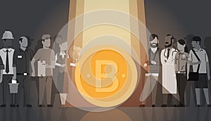 Golden Bitcoin Over Silhouette People Crowd Modern Web Money Digital Currency Concept