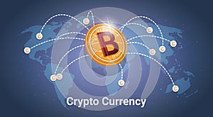 Golden Bitcoin Over World Map Digital Crypto Currency Modern Web Money