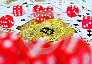 Golden bitcoin red dice and card, gambling concept