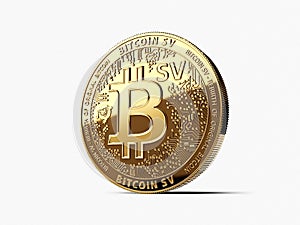 Golden Bitcoin Satoshi Vision Bitcoin SV or BSV cryptocurrency physical concept coin isolated on white background. 3D rendering