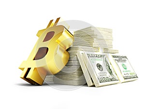 Golden bitcoin sign on a pile of cash dollars 3D illustration, 3D rendering