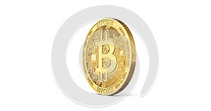 Golden Bitcoin spinning counterclockwise in perfect loop isolated on white background.