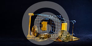 Golden bitcoin, Stack of bitcoin fall out from a yellow trolley with black background, Busniess and finace concept, Decentralized
