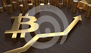 Golden bitcoin symbol and arrow up. 3D rendered illustration