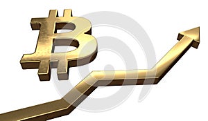 Golden bitcoin symbol and arrow up. Isolated on white background. 3D rendered illustration