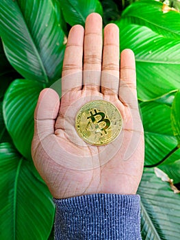 Golden Bitcoin token coin palm of a male hand.
