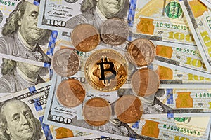 Golden Bitcoin on US dollars digital currency with US one dollar coins