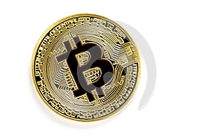 Golden bitcoin virtual coins isolated on white background