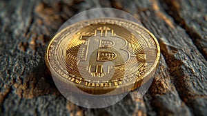 Golden bitcoin on wooden background. Cryptocurrency concept. Close up