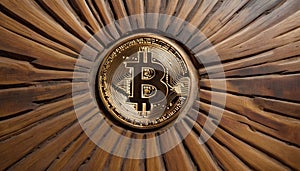 Golden Bitcoin on Wooden Rays