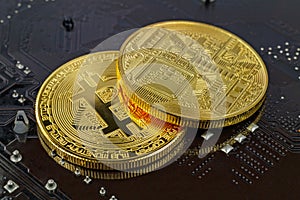 Golden bitcoins on the black background closeup. Cryptocurrency virtual money