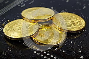 Golden bitcoins on the black background closeup. Cryptocurrency virtual money