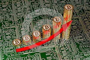 Golden Bitcoins on a circuit board