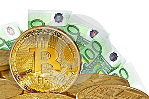 Golden Bitcoins close-up.