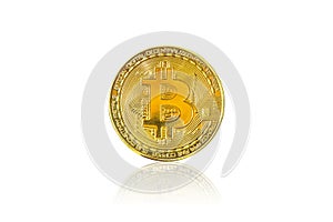 Golden bitcoins coin digital electronic cyber currency isolated on white background.