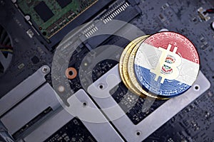 Golden bitcoins with flag of paraguay on a computer electronic circuit board. bitcoin mining concept