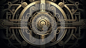 a golden and black background with a clock and gears