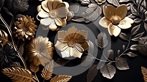 golden and black flowers and leaves 3d. Generative AI