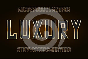 Golden black font. Alphabet with gold frame, elegant sans serif  typeface. Vector