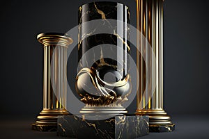 Golden And Black Marble Classic, Modern, Luxury Columns. Pillar Background With Display.