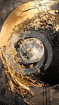 Golden and black paint strokes and moon, abstract mobile wallpaper