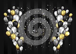 Golden black and silver balloons shiny black background, cute concept for elegant  birthday