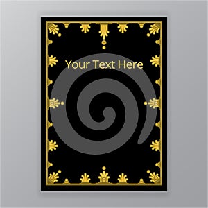 Golden black simplified, classic ornate in arabic style template. In A4 page format. Art deco and art nouveau, floral motif luxury