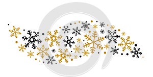 Golden black snowflakes .Christmas greeting ornaments elements hanging isolated white background card