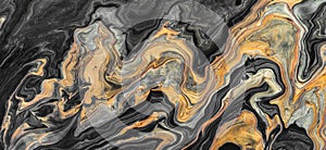 Golden and black wave pattern. Luxury Marbleized effect. Acrylic Fluid Art. Banner format