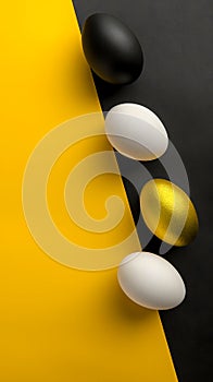 Golden, black, white Easter eggs on a yellow-black background. geometry. Minimal concept. View from above.
