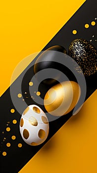 Golden, black, white Easter eggs on a yellow-black background. geometry. Minimal concept. View from above.