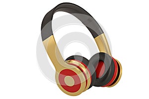 Golden and black wireless headphones isolated on white background. 3D illustration