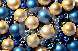 Golden and Blue Baubles Cluster Artfully Amid Christmas Tree Trimmings - Suspended Against a Cobalt Blue Background