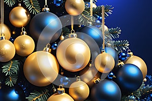 Golden and Blue Baubles Cluster Artfully Amid Christmas Tree Trimmings - Suspended Against a Cobalt Blue Background