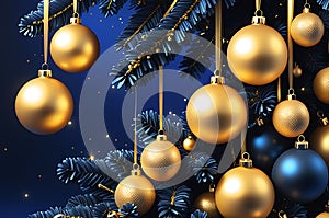 Golden and Blue Baubles Cluster Artfully Amid Christmas Tree Trimmings - Suspended Against a Cobalt Blue Background